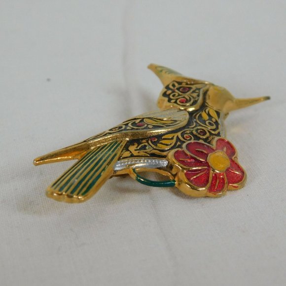 Bird Shaped Brooch Pin Layered Textured Red and Gold Tone Made in Spain 2" FLAW - Picture 2 of 8